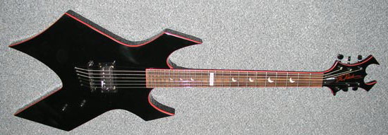 This guitar features a Maple Body, Maple Neck, Bolt-on Neck construction, String thru body, Rosewood Fretbboard, Cresent Moon Inlays, 2000 inlay at the 12th fret, 1 volume control, 1 tone control, Red unbeveled body binding, Sealed Tuners, 1 BC Rich Humbucker, Hardshell case included. The guitar is part of a limited run on 60 guitars that BC Rich produced in 2000. 